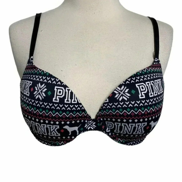 Pink Victoria Secrets 36C Christmas print‎ padded push up bra Retro - Picture 2 of 7